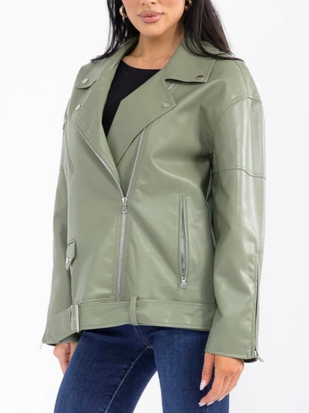 OLIVE GREEN ZIP UP FAUX LEATHER JACKET SIZE S/M - NWOT - Picture 4 of 16